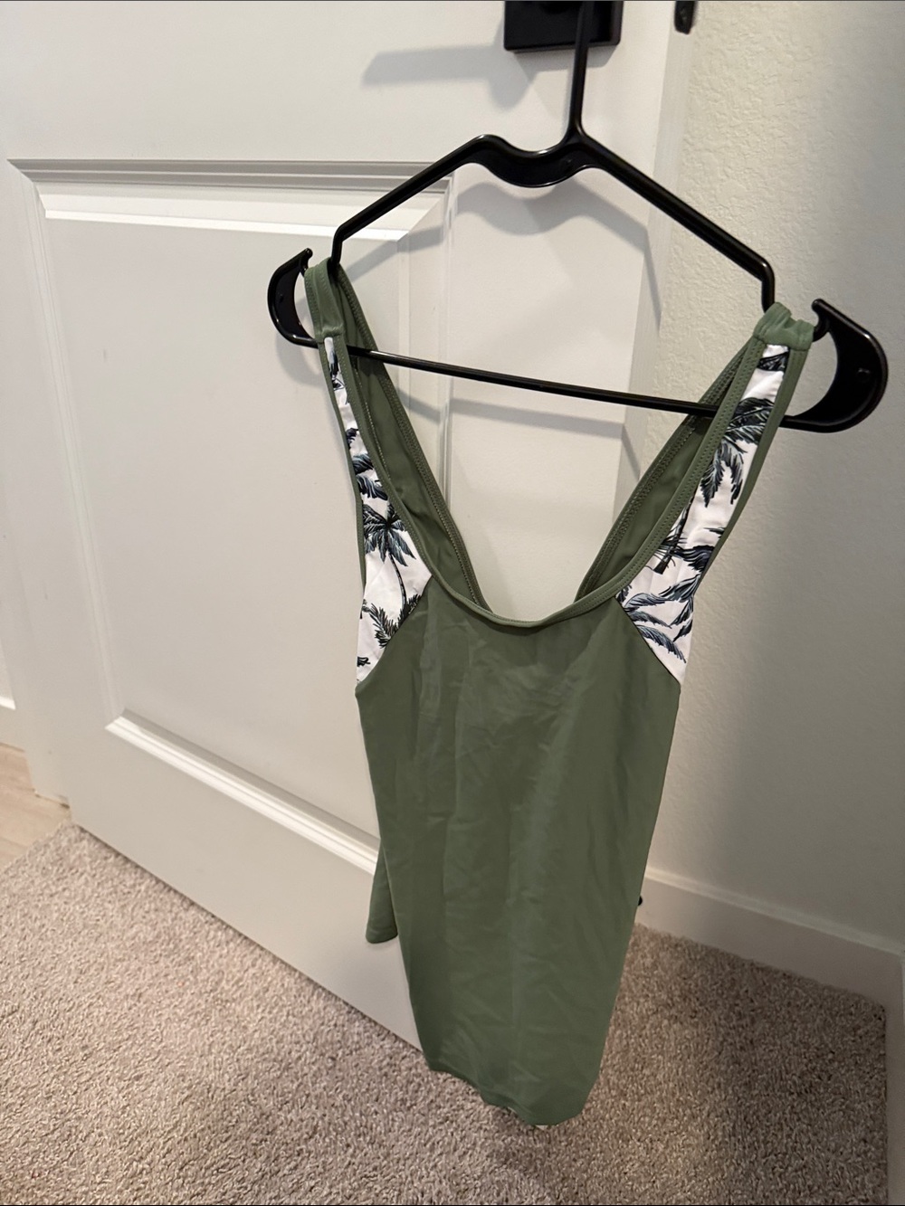 Amazon Olive Green One-Piece Swimsuit with White Palm-Print Straps